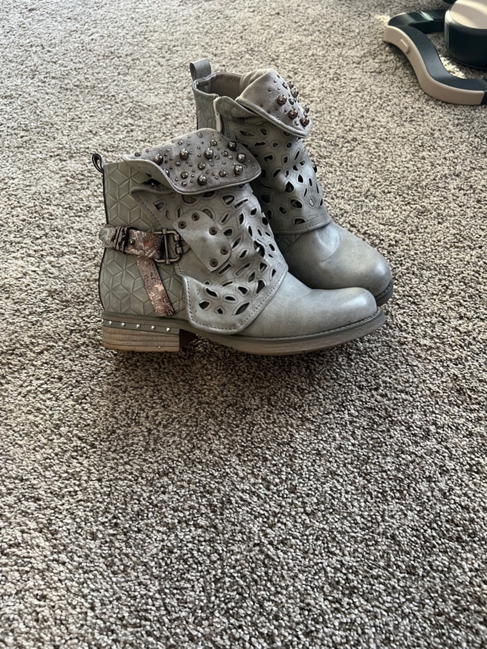 Studded Cutout Grey Ankle Boots for Women